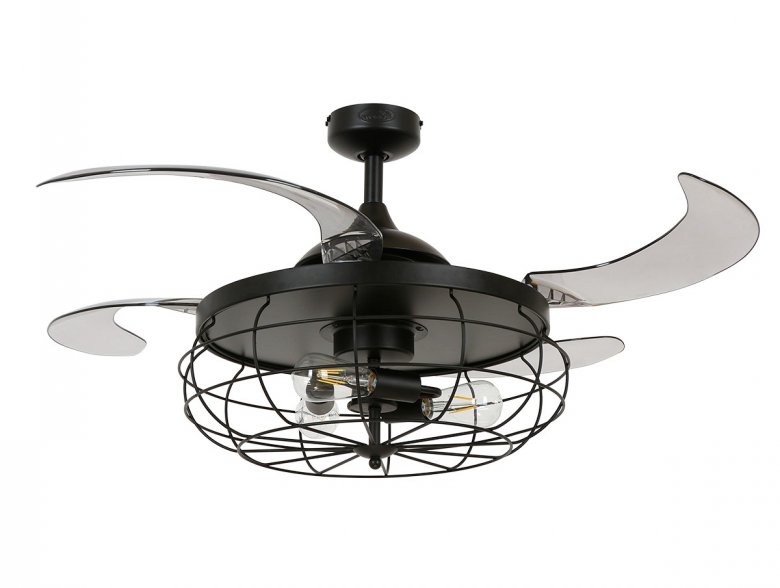 Fanaway Industri Ceiling Fan In Black With Smoke Coloured Retractable Blades And Light